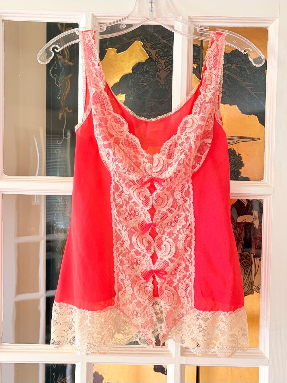 Vtg 60s 70s Hollywood Vassarette Lace Camisole Coral Pink Tank Top Crepelon 34